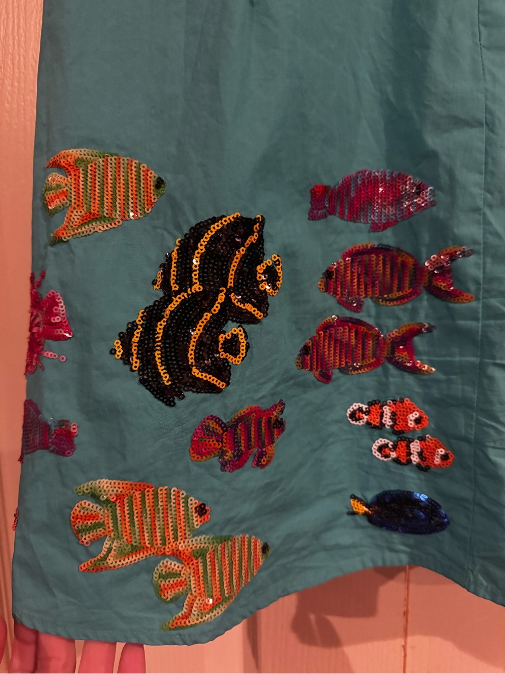 QUEEN OF SPARKLES Teal Midi Dress with Ruffled Sleeves & Embroidered Fish - Picture 3 of 4